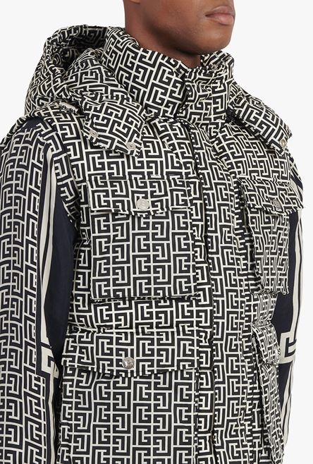Ivory and black nylon quilted vest with Balmain monogram and hood - 8