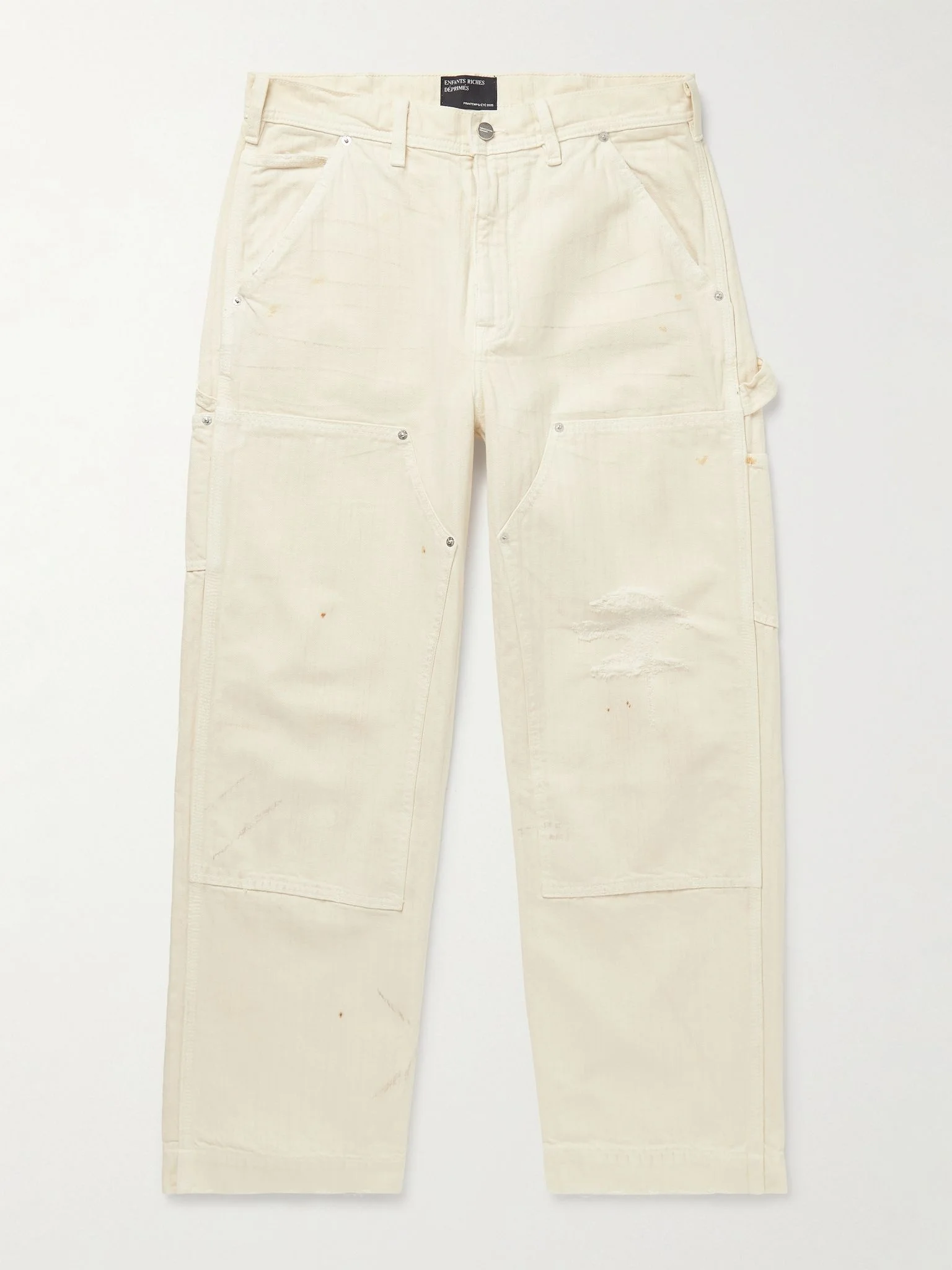 Straight-Leg Distressed Panelled Herringbone Denim Trousers Cream - 1