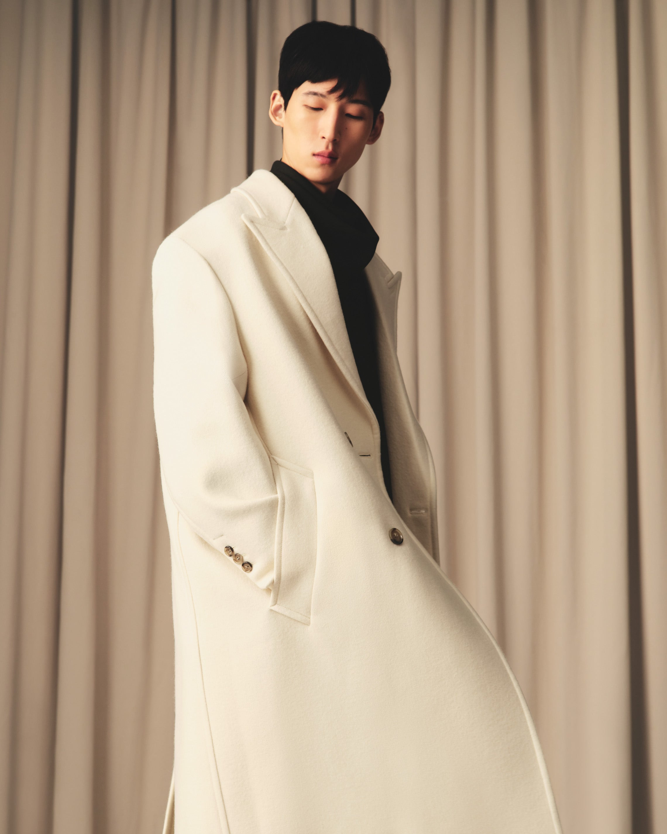 WHITE WOOL DOUBLE BREASTED LONG COAT - 7