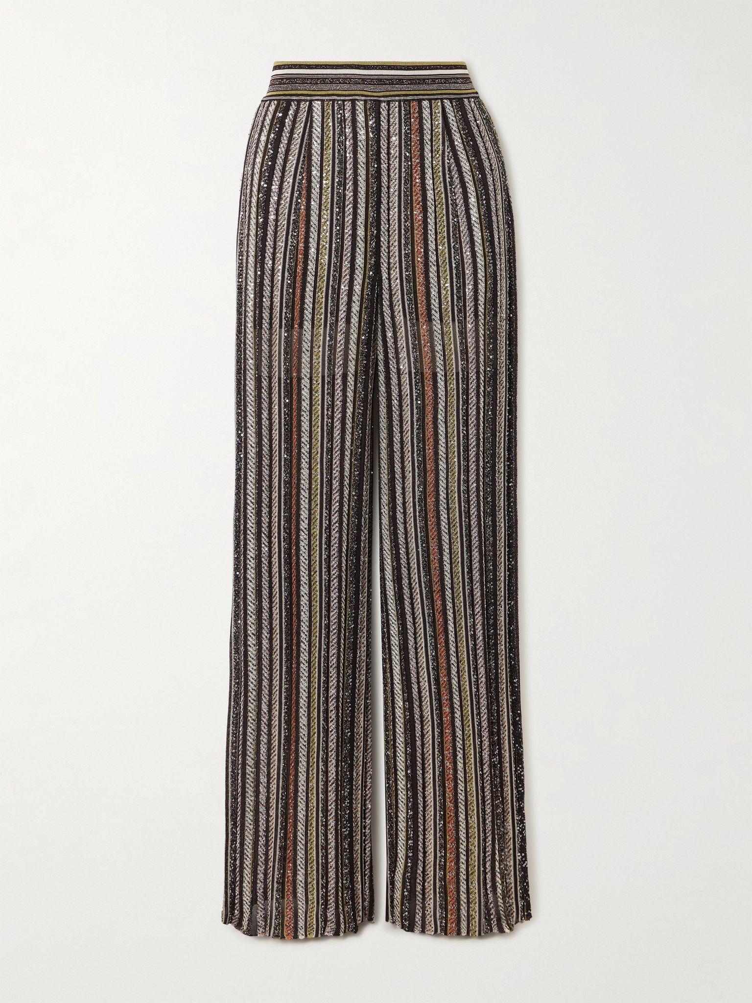 Sequin-embellished striped metallic crochet-knit wide-leg pants Metallic - 1
