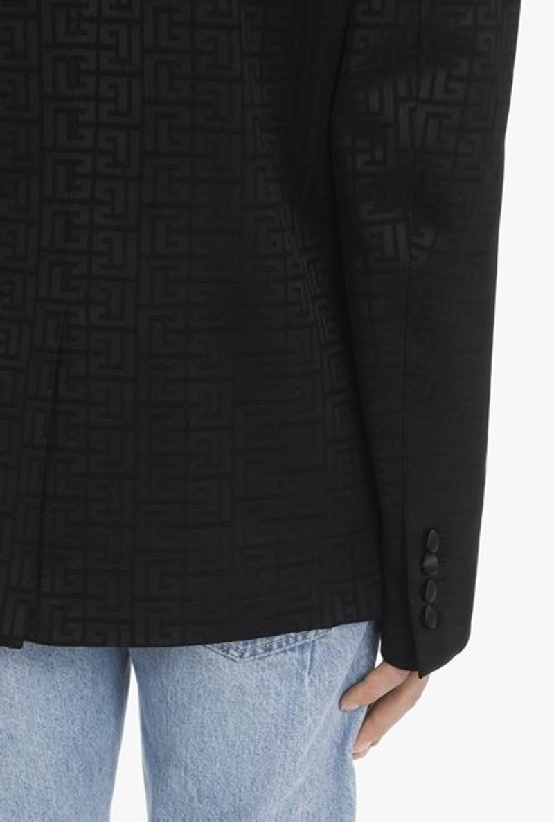 Asymmetrical black crepe blazer with Balmain monogram 8
