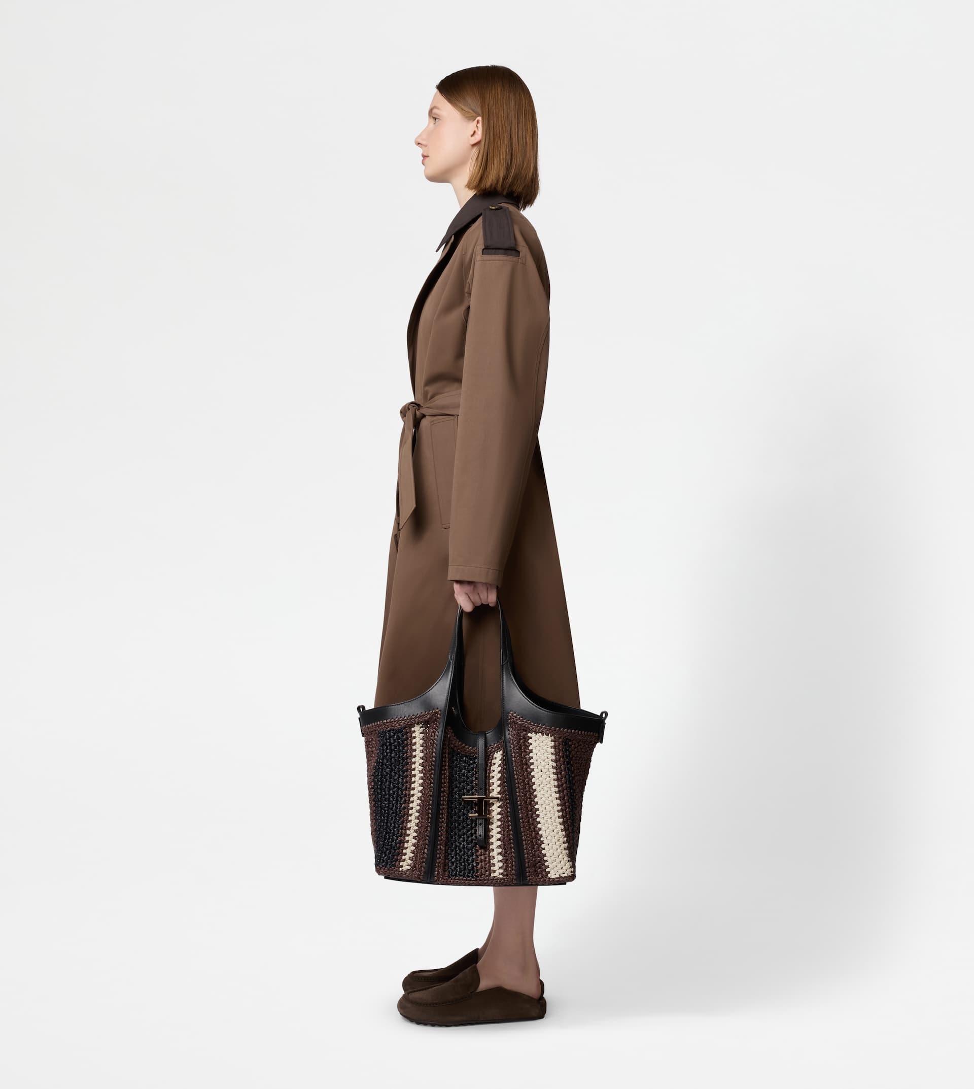 T TIMELESS SHOPPING BAG IN RAFFIA AND LEATHER MEDIUM - BLACK, BROWN, WHITE - 7