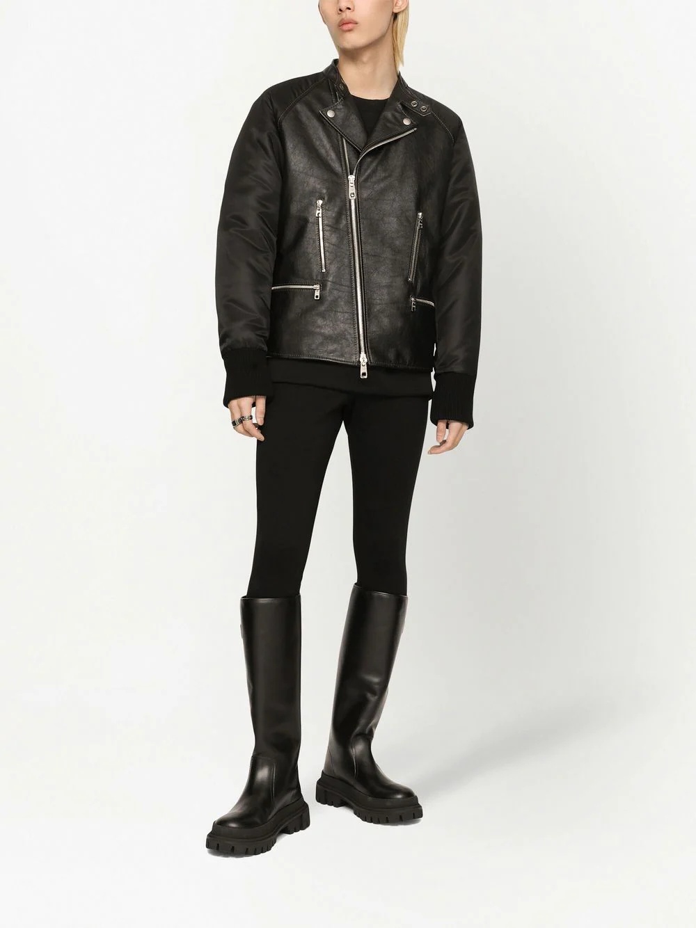 contrasting-sleeve leather biker jacket - 3