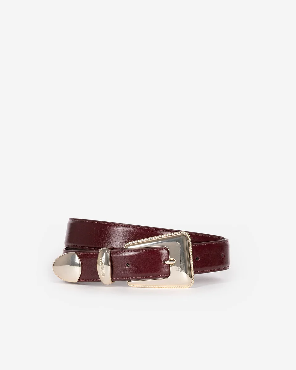 BURGUNDY LEATHER GOLD WESTERN BUCKLE BELT - 1