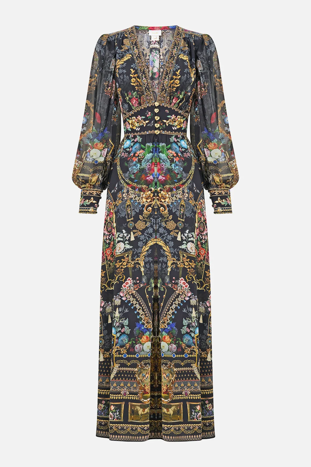 SHAPED WAISTBAND DRESS WITH GATHERED SLEEVES NIGHT GARDEN - 1