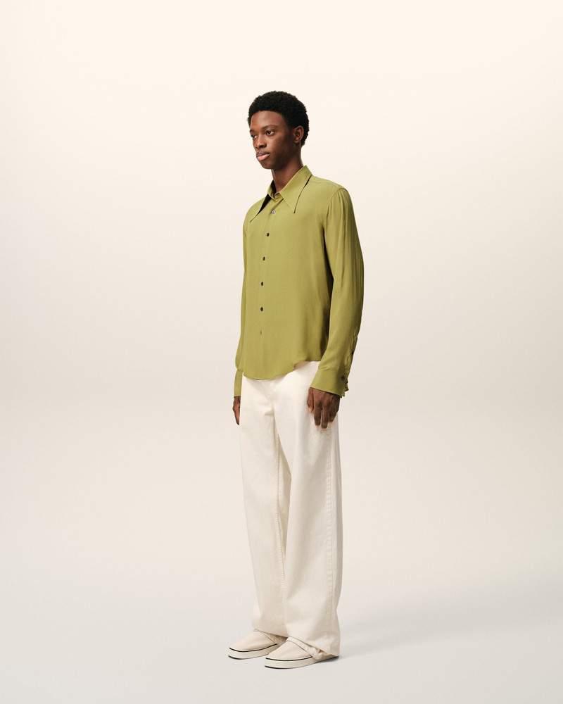 GREEN BLENDED SILK SHARP COLLAR ADJUSTED SHIRT 6