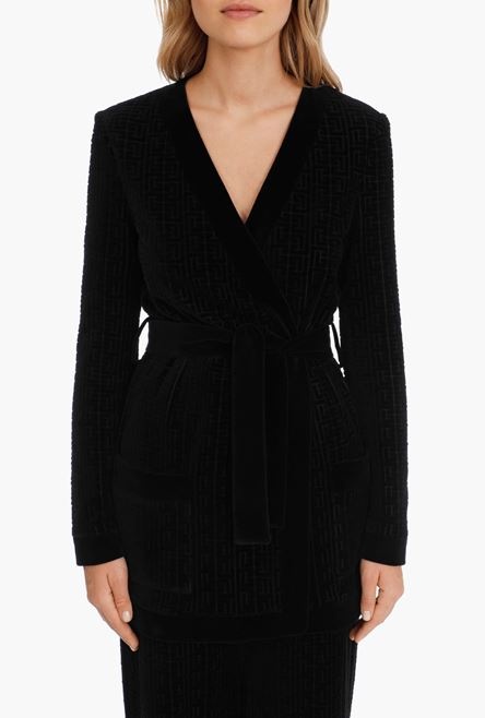 Black velvet cardigan with embossed Balmain monogram - 5