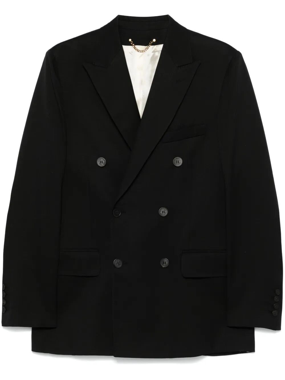 GOLDEN M`S DOUBLE BREASTED BLAZER LIGHT DRY WOOL GABARDINE/ PRINTED MESSAGE INSIDE CONTRAST LINING - 1