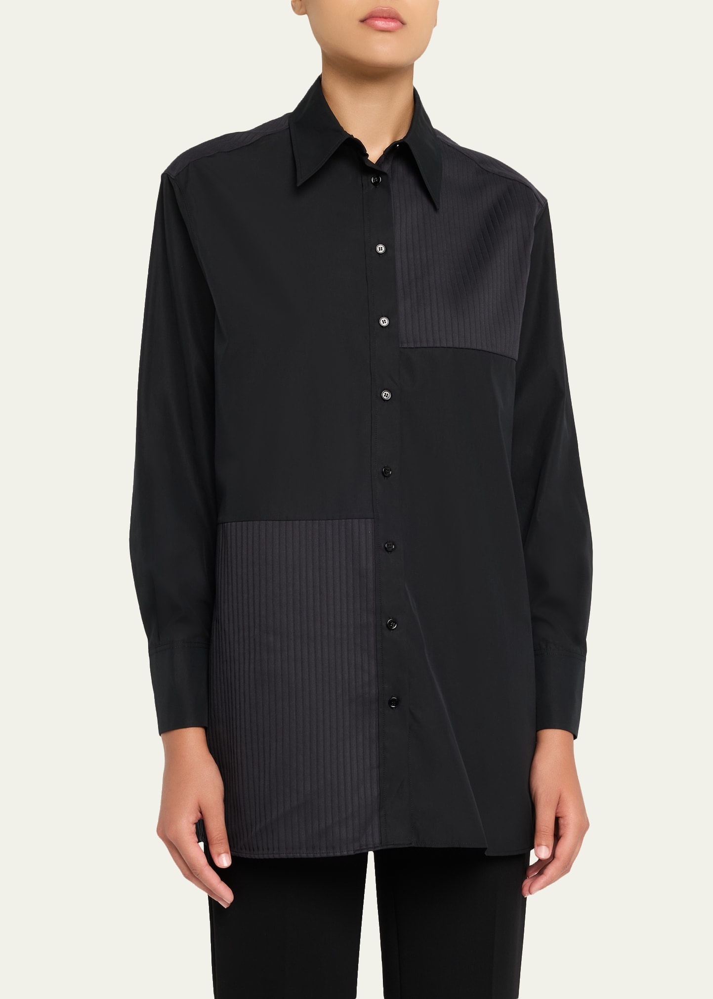 Stitched Pleats Inset Cotton Poplin Oversized Shirt - 4