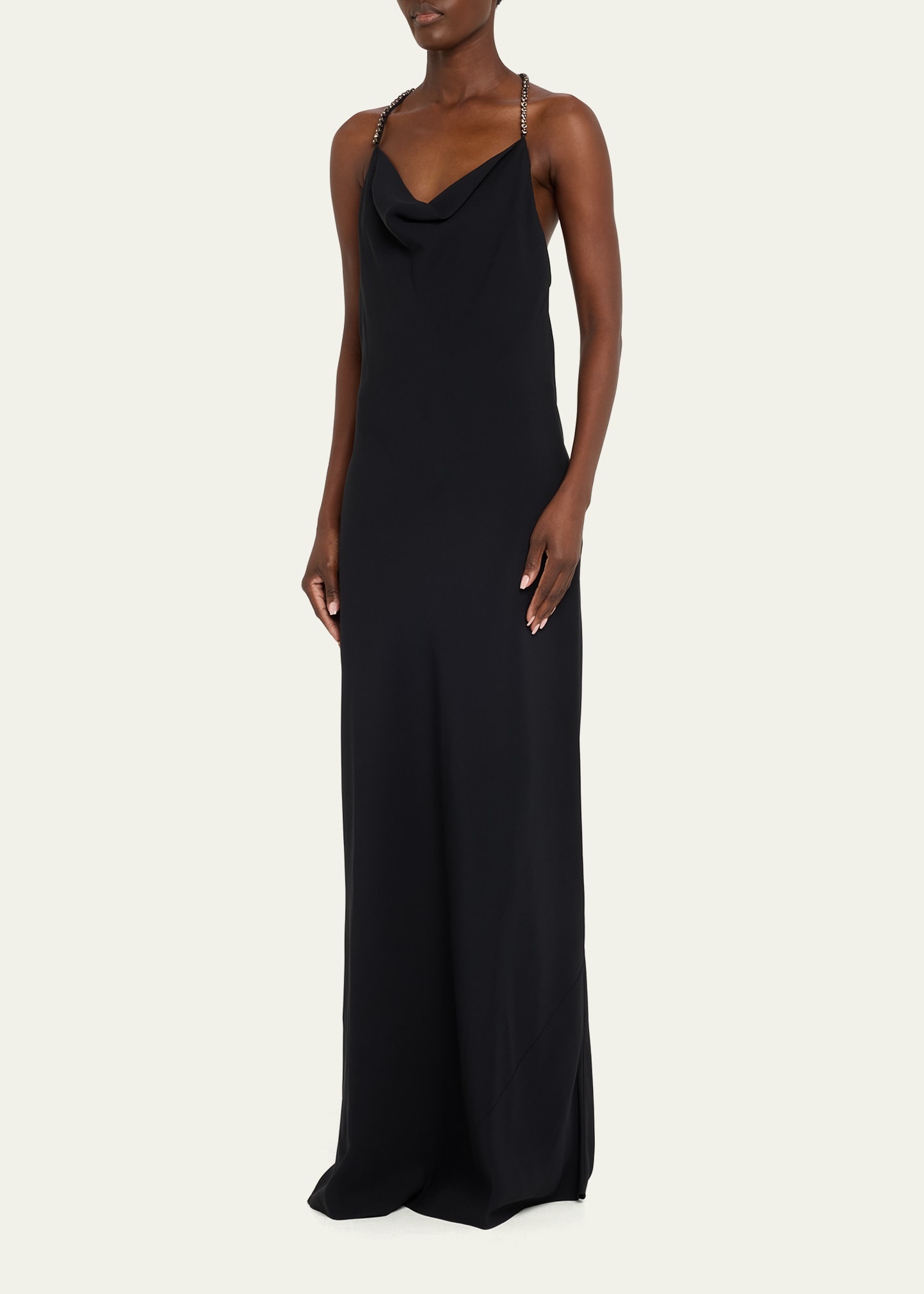 Crystal Strap Halter Draped Cowl Neck Gown - 4