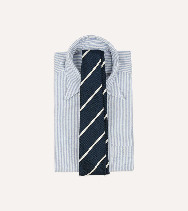 Drake's Navy and White Bar Stripe Repp Silk Tipped Tie outlook