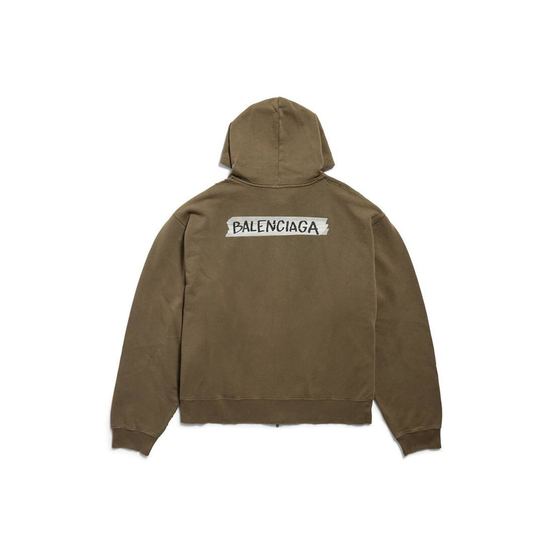 BALENCIAGA Men's Masking Tape Oversized Zip-up Hoodie in Khaki outlook