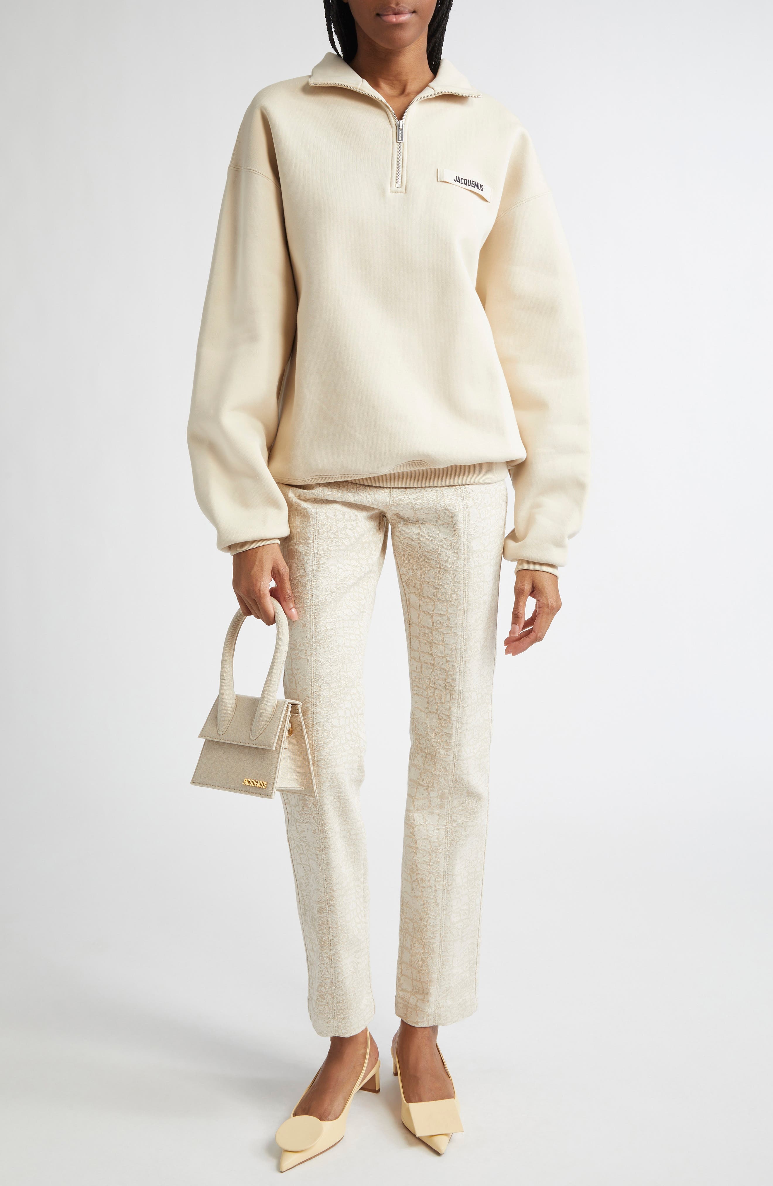 Jacquemus The Gros Grain Cotton Fleece Zip Sweatshirt in Beige at Nordstrom - 2