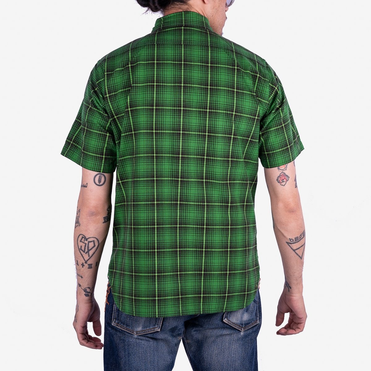 IHSH-392-GRN 5oz Selvedge Short Sleeved Work Shirt - Green Vintage Check - 3