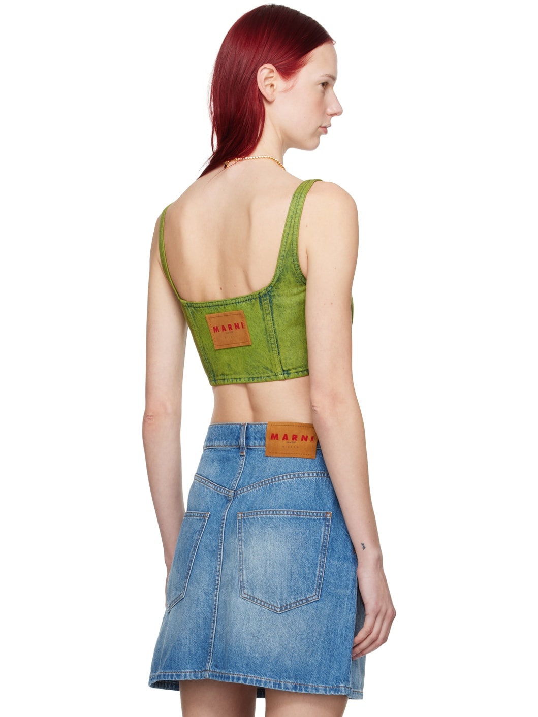 Green Paneled Denim Tank Top - 3