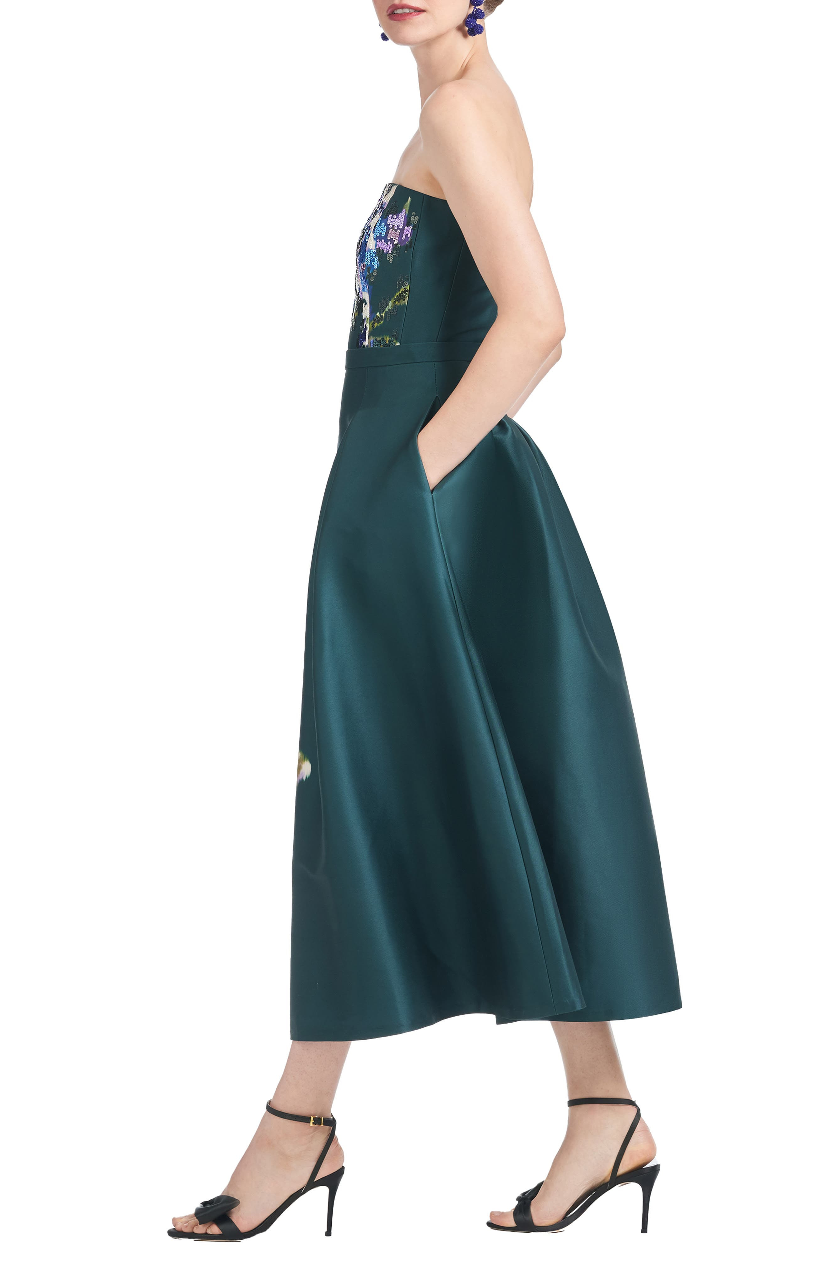 Sachin & Babi Shay Strapless Mikado Midi Cocktail Dress in Forest Green Placement Ikat at Nordstrom - 3