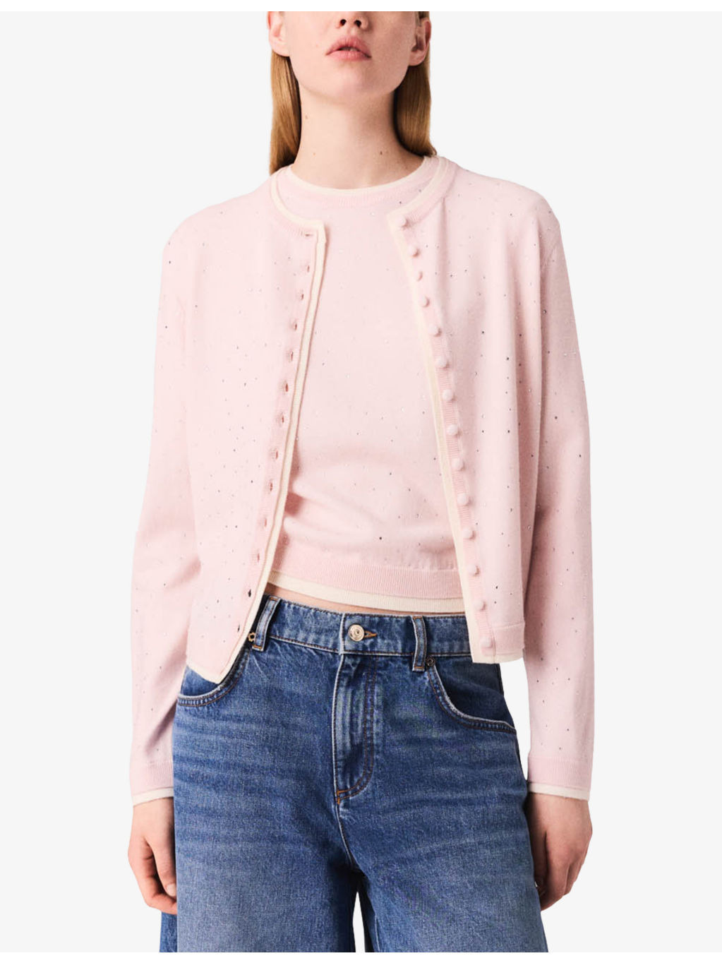 Rhinestone-Embellished Contrast-Trim Stretch Wool-Blend Cardigan - 3