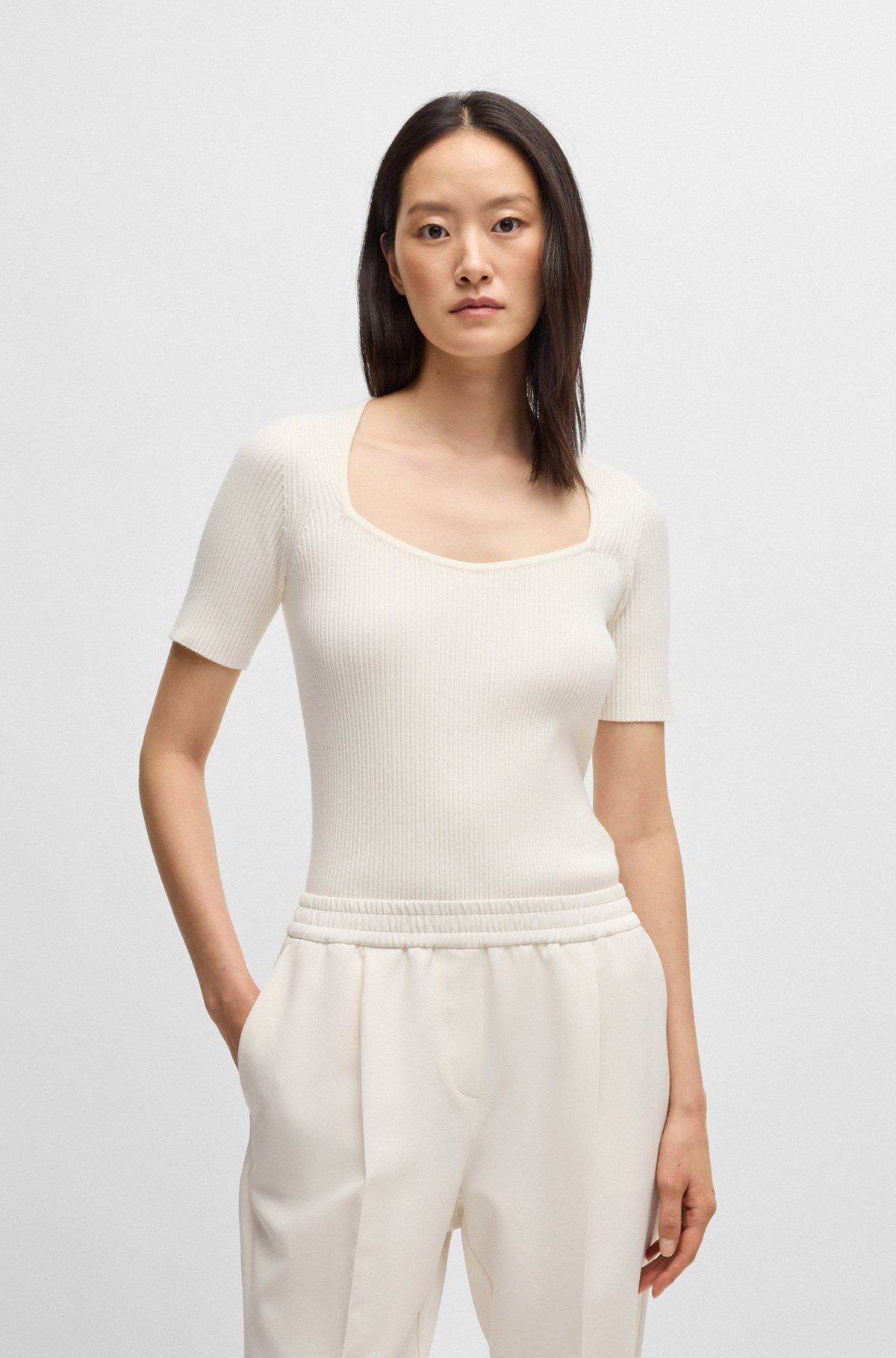 SQUARE-NECK SHORT-SLEEVED SWEATER IN RIBBED STRETCH FABRIC - 2