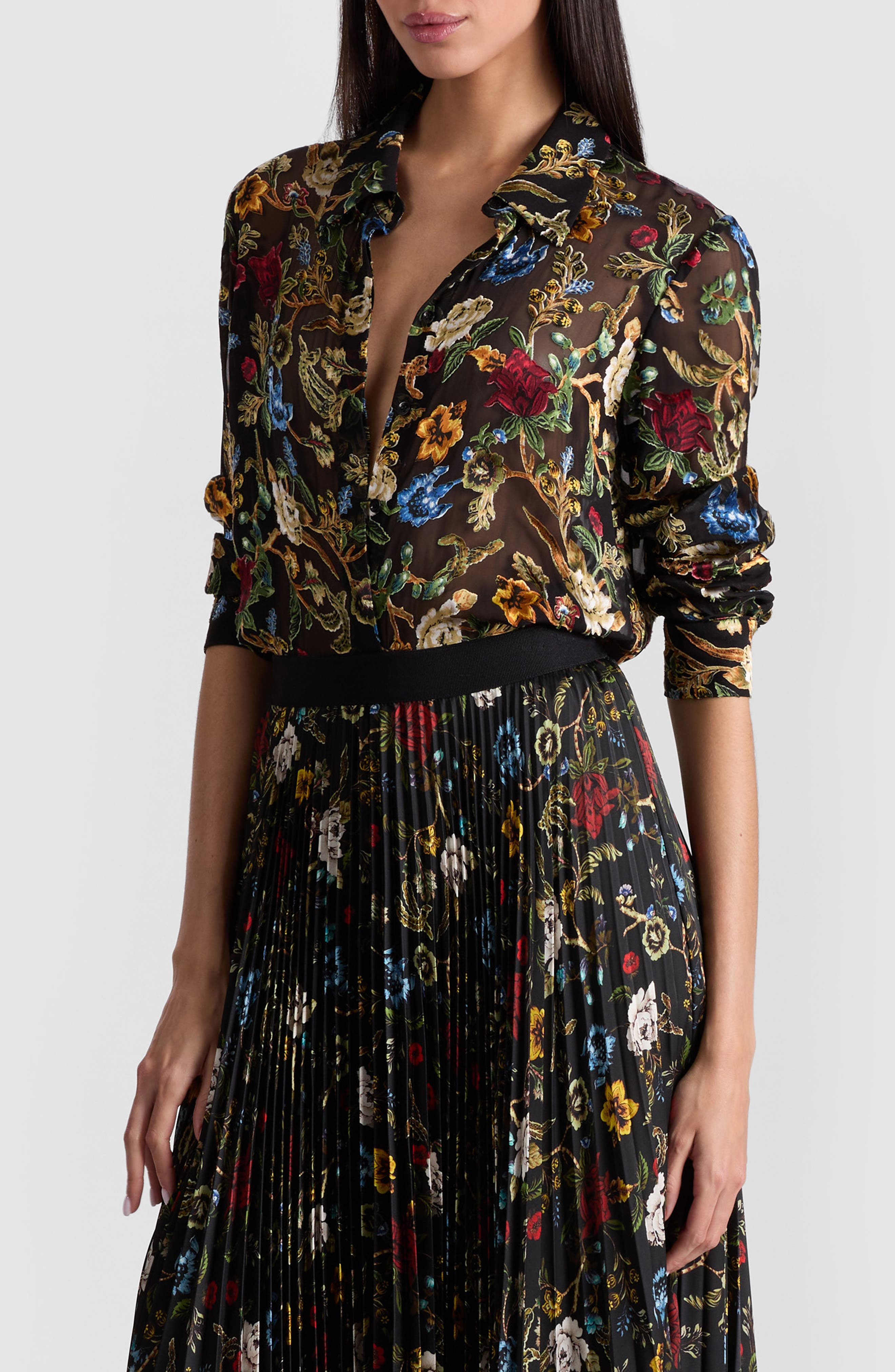 Alice + Olivia Willa Floral Button-Up Shirt in Tapestry Trails/Black at Nordstrom - 3
