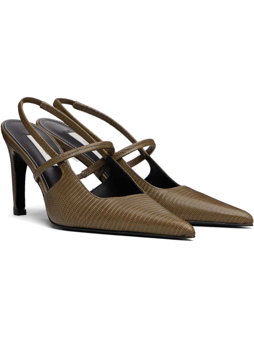 Khaki Lizard-Embossed Stiletto Slingback Heels - 4