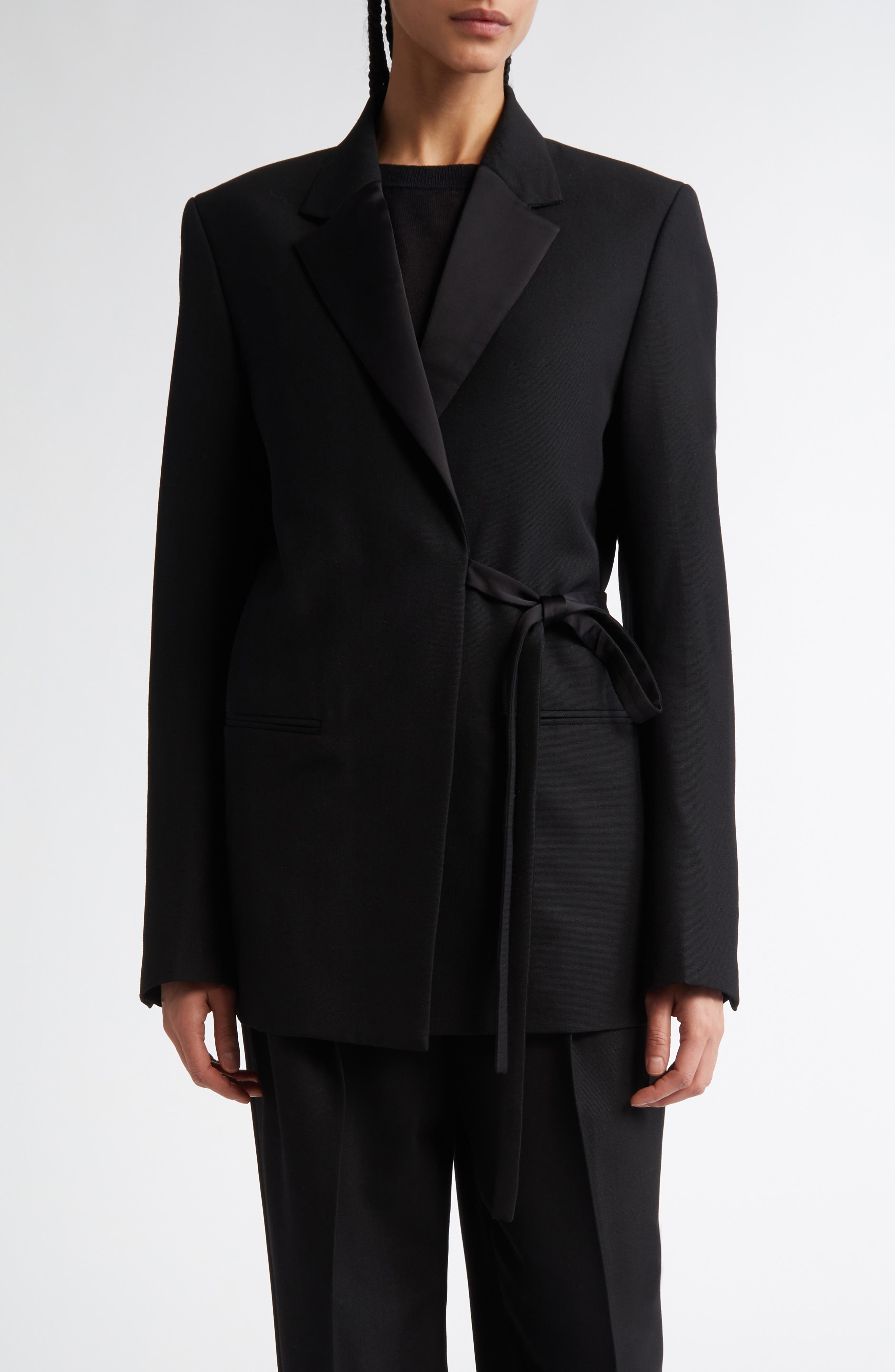 TOTEME Satin Lapel Recycled Polyester & Wool Wrap Blazer in Black at Nordstrom - 1