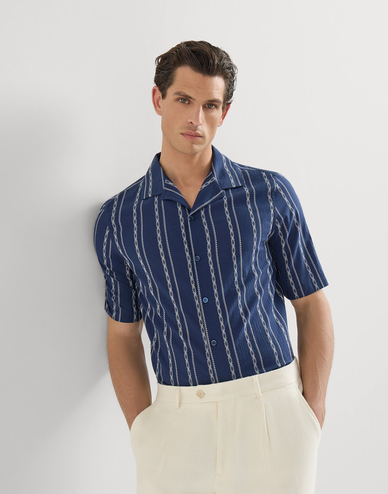Ethnic stripe seersucker easy fit short sleeve shirt with camp collar 2