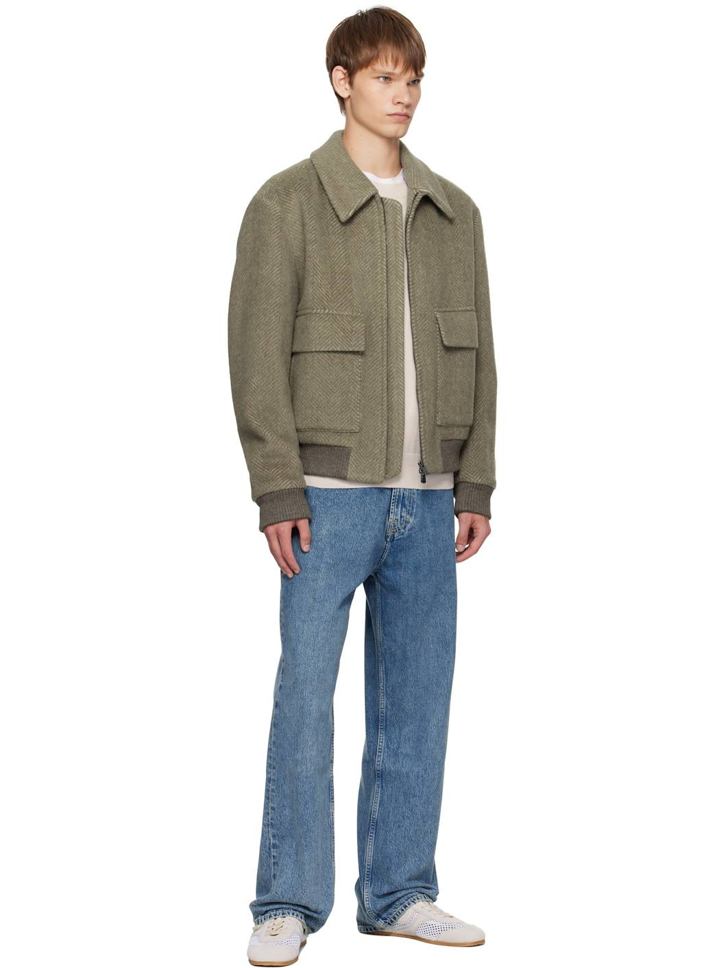 Khaki Regular-Fit Herringbone-Patterned Jacket - 4