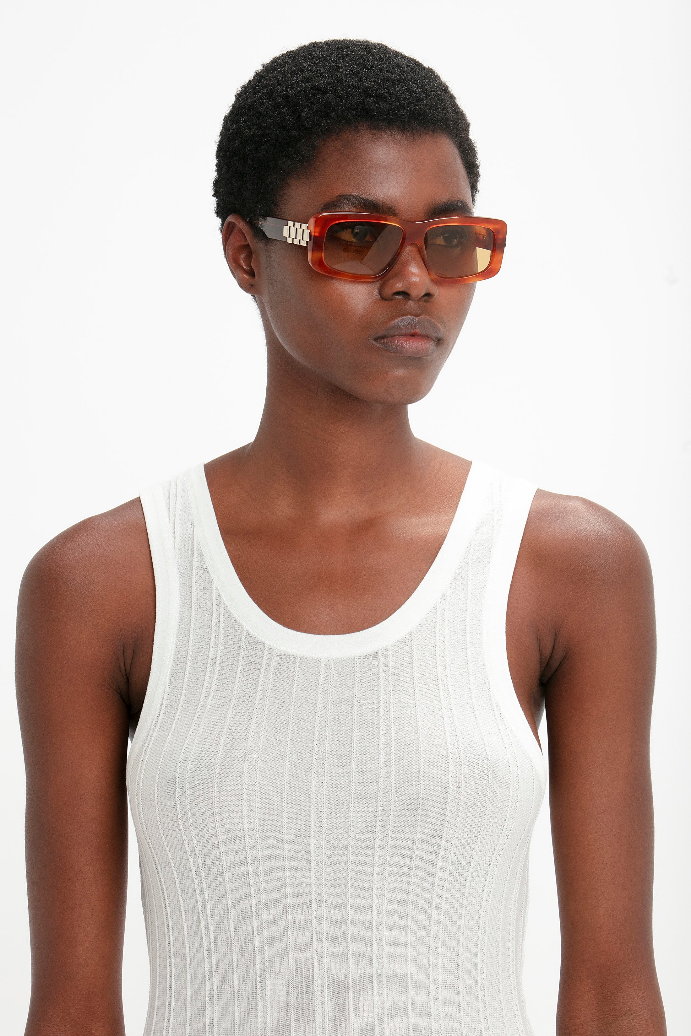 Chain Detail Rectangular Frame Sunglasses In Striped Blonde Havana - 7