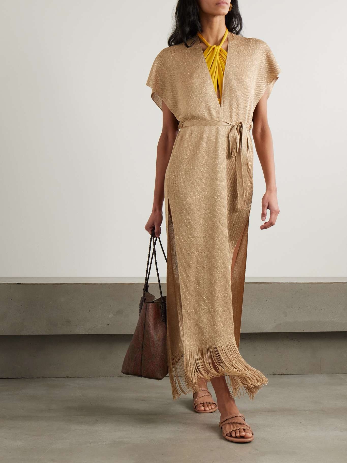 Zarelia belted fringed metallic knitted kaftan Brown - 2