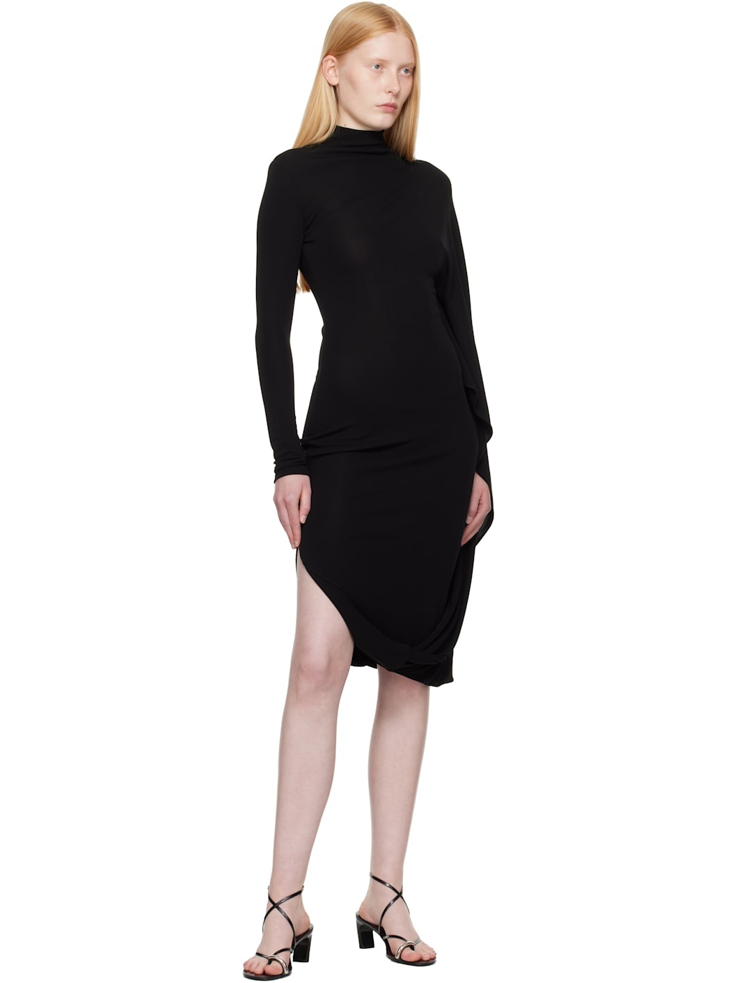Black Asymmetric Cape Midi Dress - 4