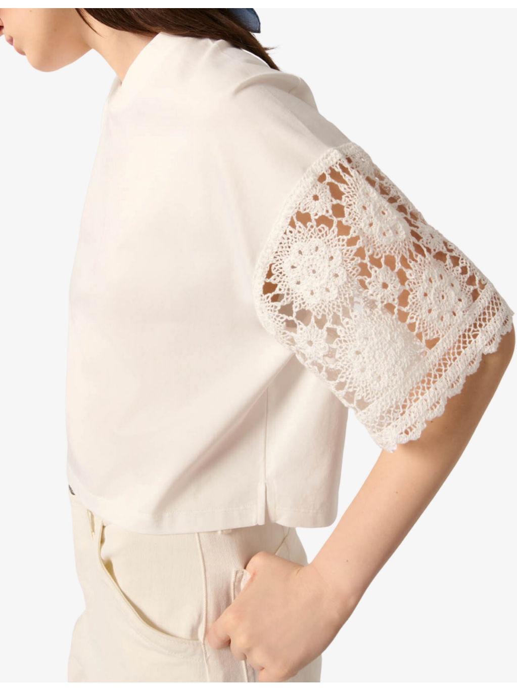 Crochet-Sleeve Round-Neck Cotton T-Shirt - 5