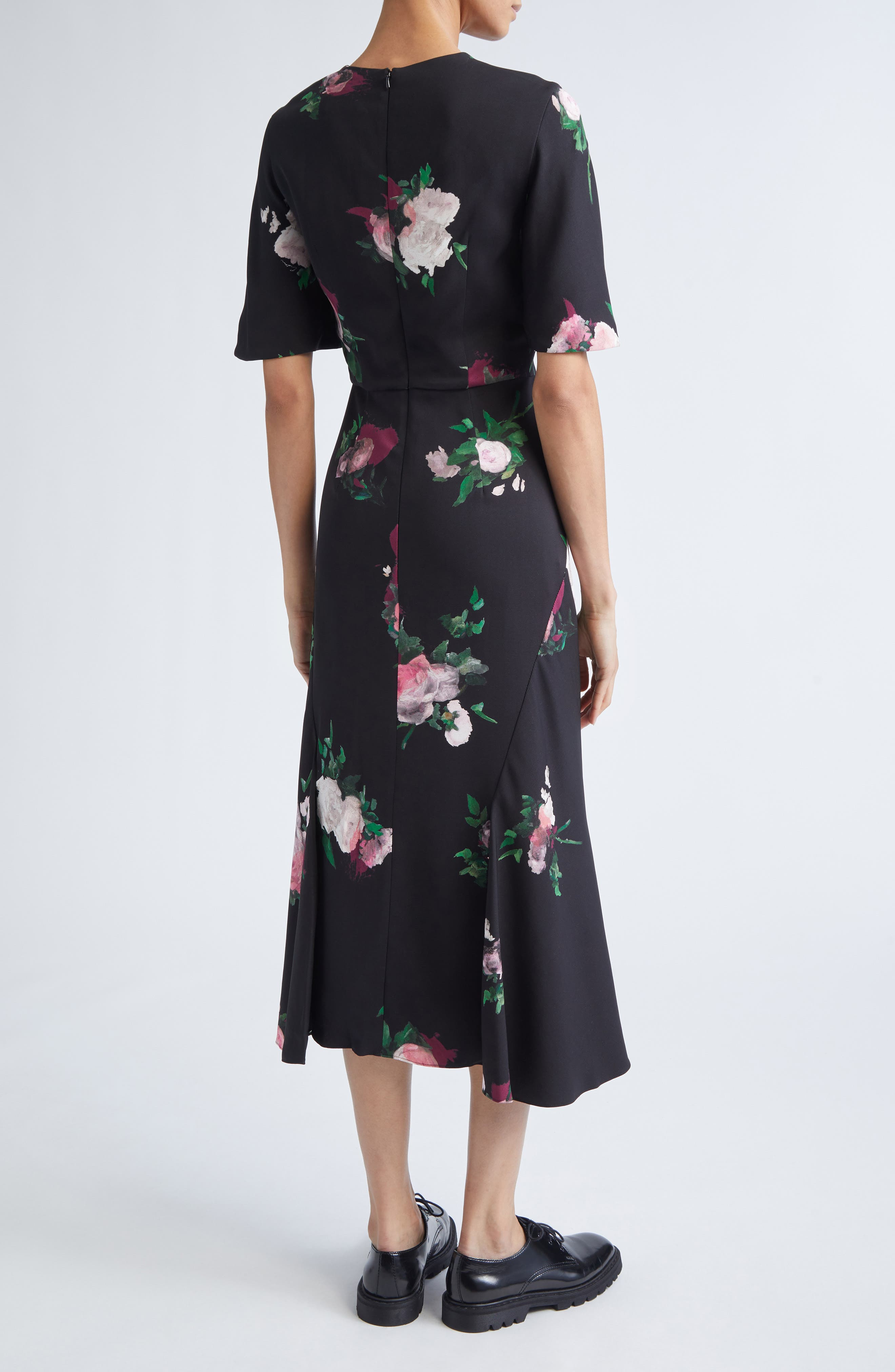 Erdem Floral Flutter Sleeve Stretch Cady Midi Dress in Painted Rose Bouquet Black at Nordstrom - 2