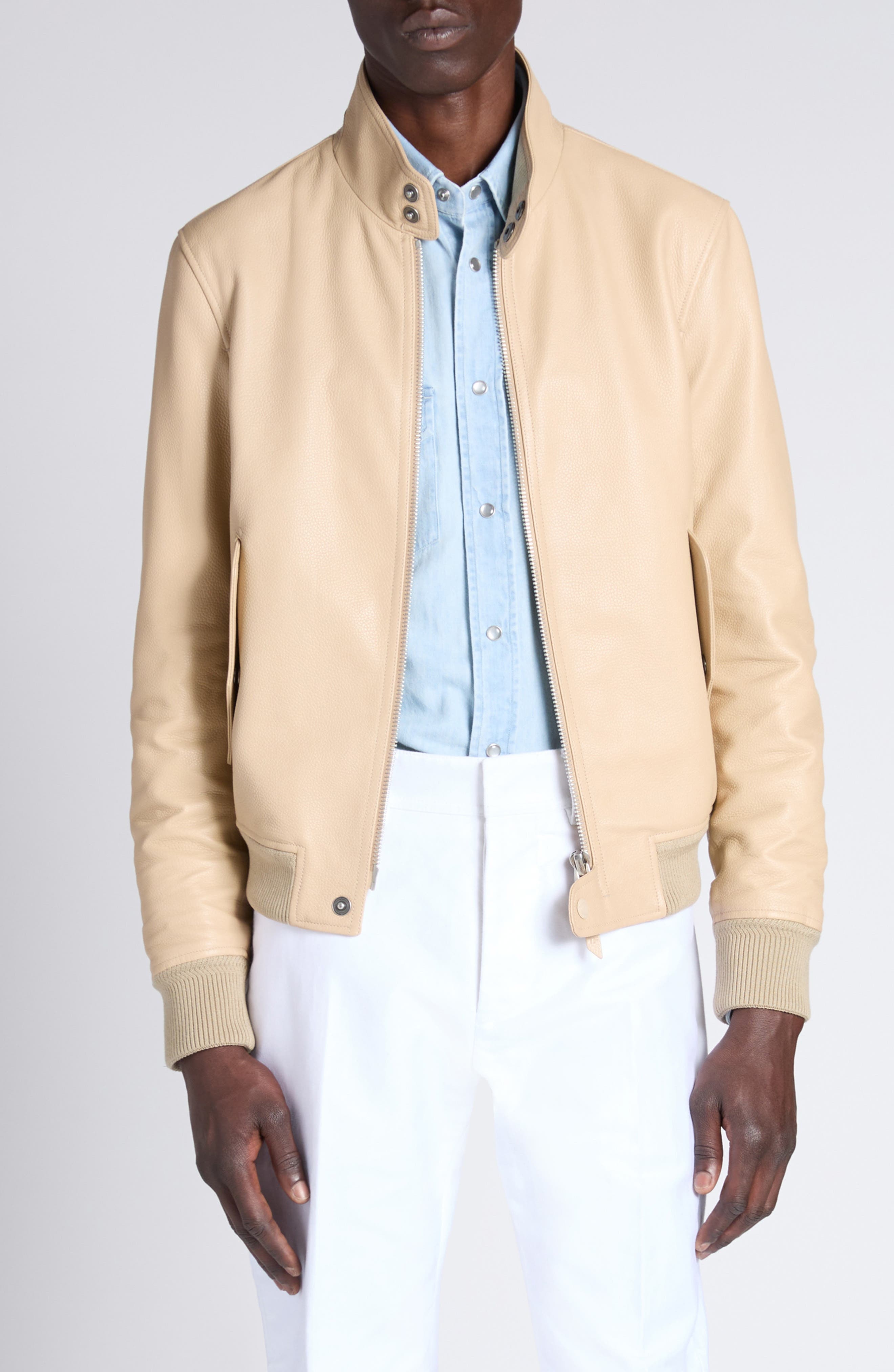 TOM FORD Tumbled Leather Harrington Jacket in Stone at Nordstrom - 1