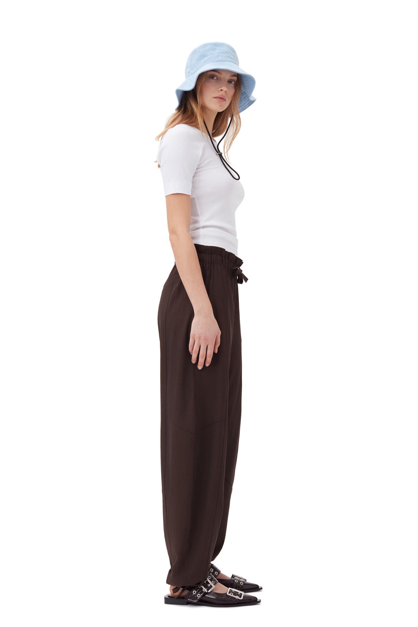 BROWN DRAPEY MELANGE ELASTICATED WAIST TROUSERS - 4