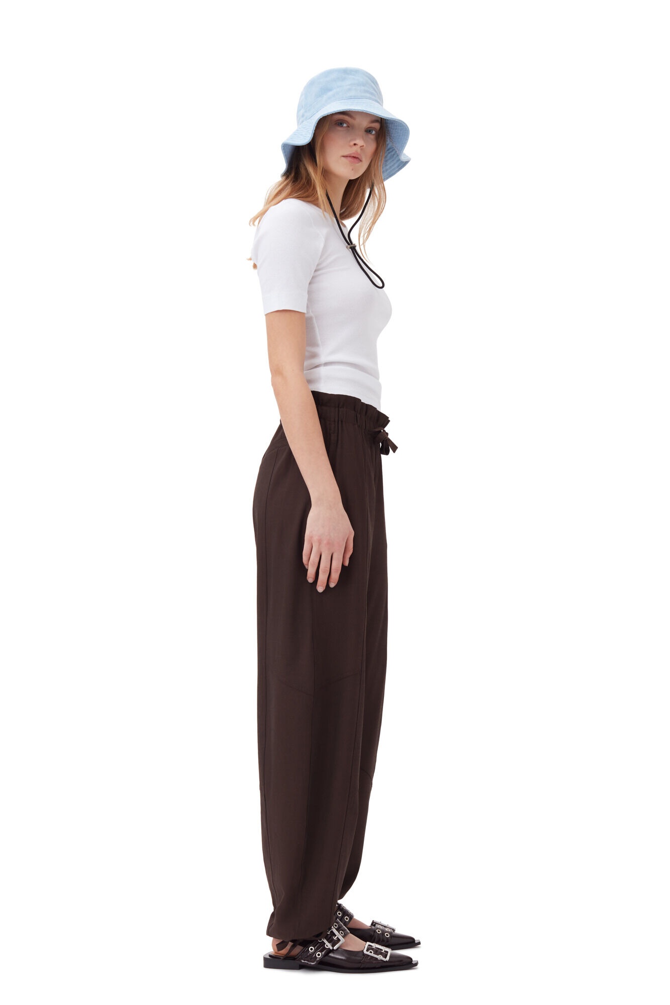 BROWN DRAPEY MELANGE ELASTICATED WAIST TROUSERS - 3