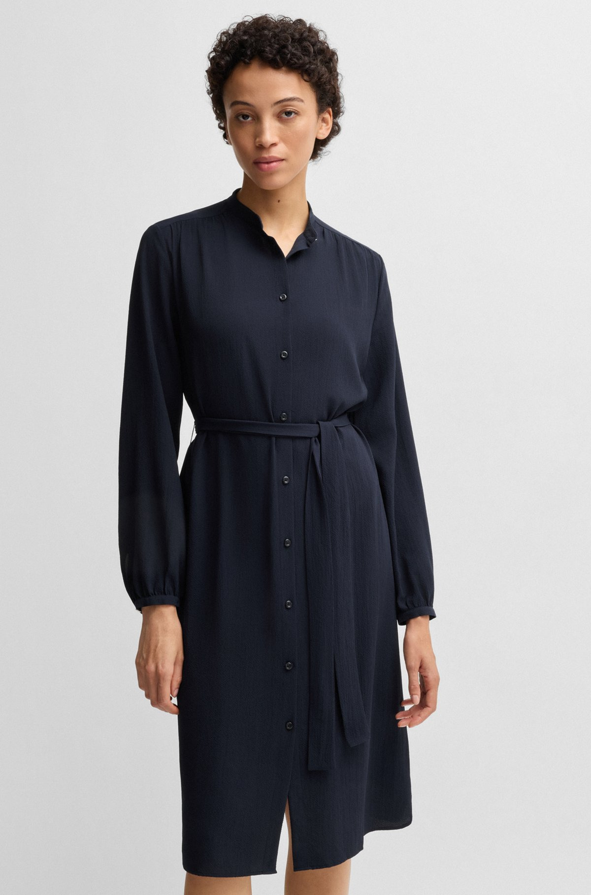 BELTED SHIRT DRESS IN CREPE GEORGETTE WITH STAND COLLAR - 6