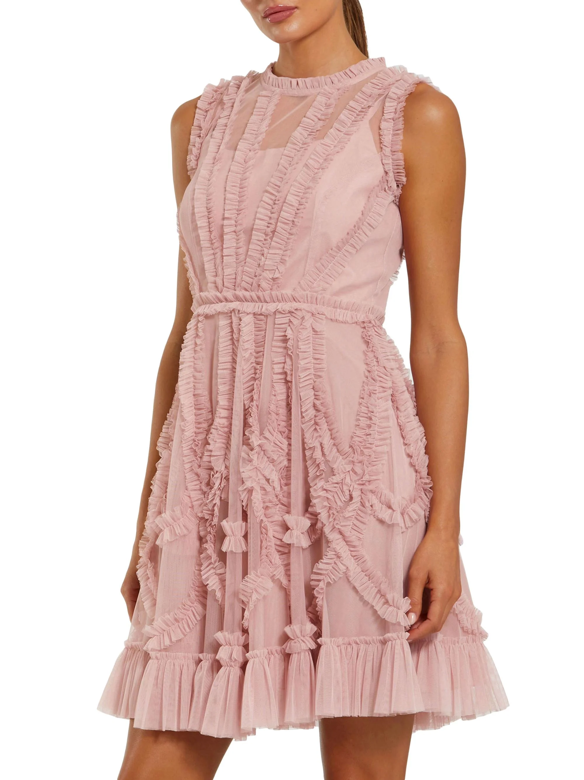 Women's Mesh Dotted Micro Ruffled Minidress - Rose - 1