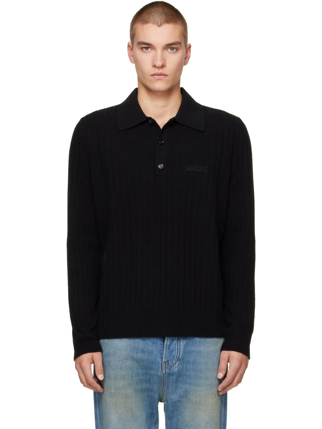 Black 'Amiri' Soft Rib Knit Polo - 1