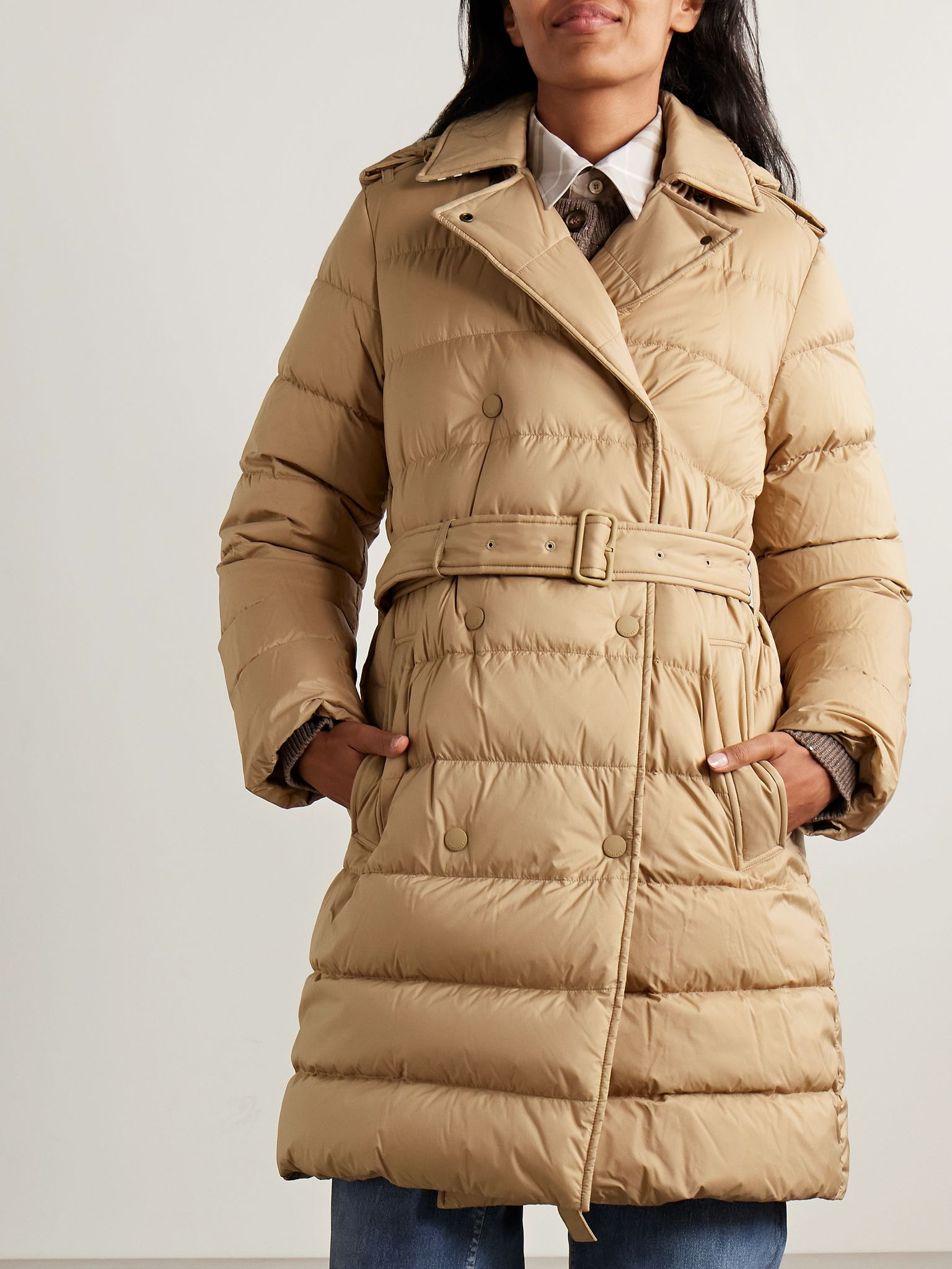 Belted double-breasted quilted shell down coat Sand - 3