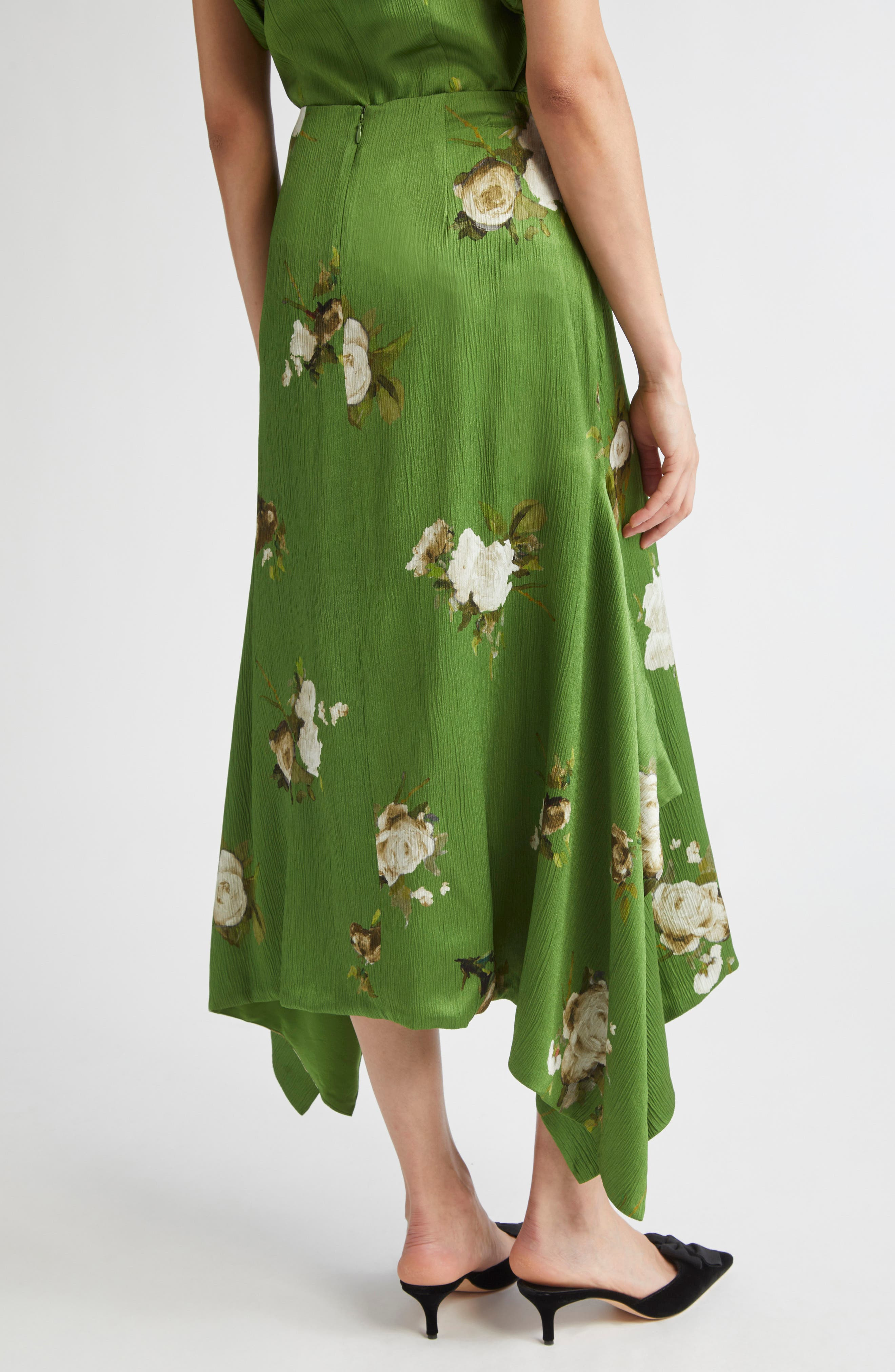 Erdem Rose Print Crinkled Satin Midi Skirt in Painted Rose Bouquet Olive at Nordstrom - 3