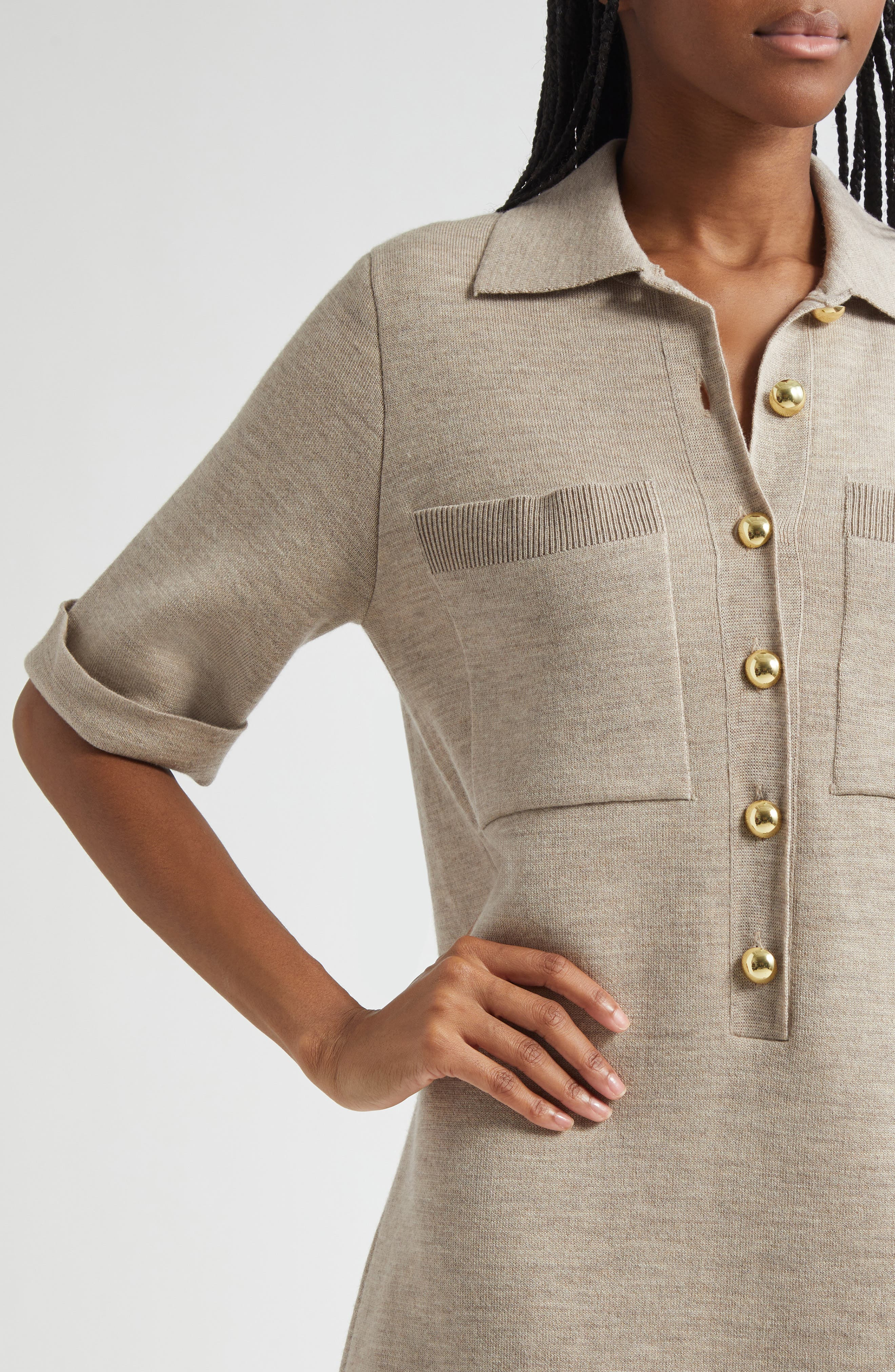 Veronica Beard Madden Merino Wool Half Placket Sweater Dress in Oatmeal Melange at Nordstrom - 4