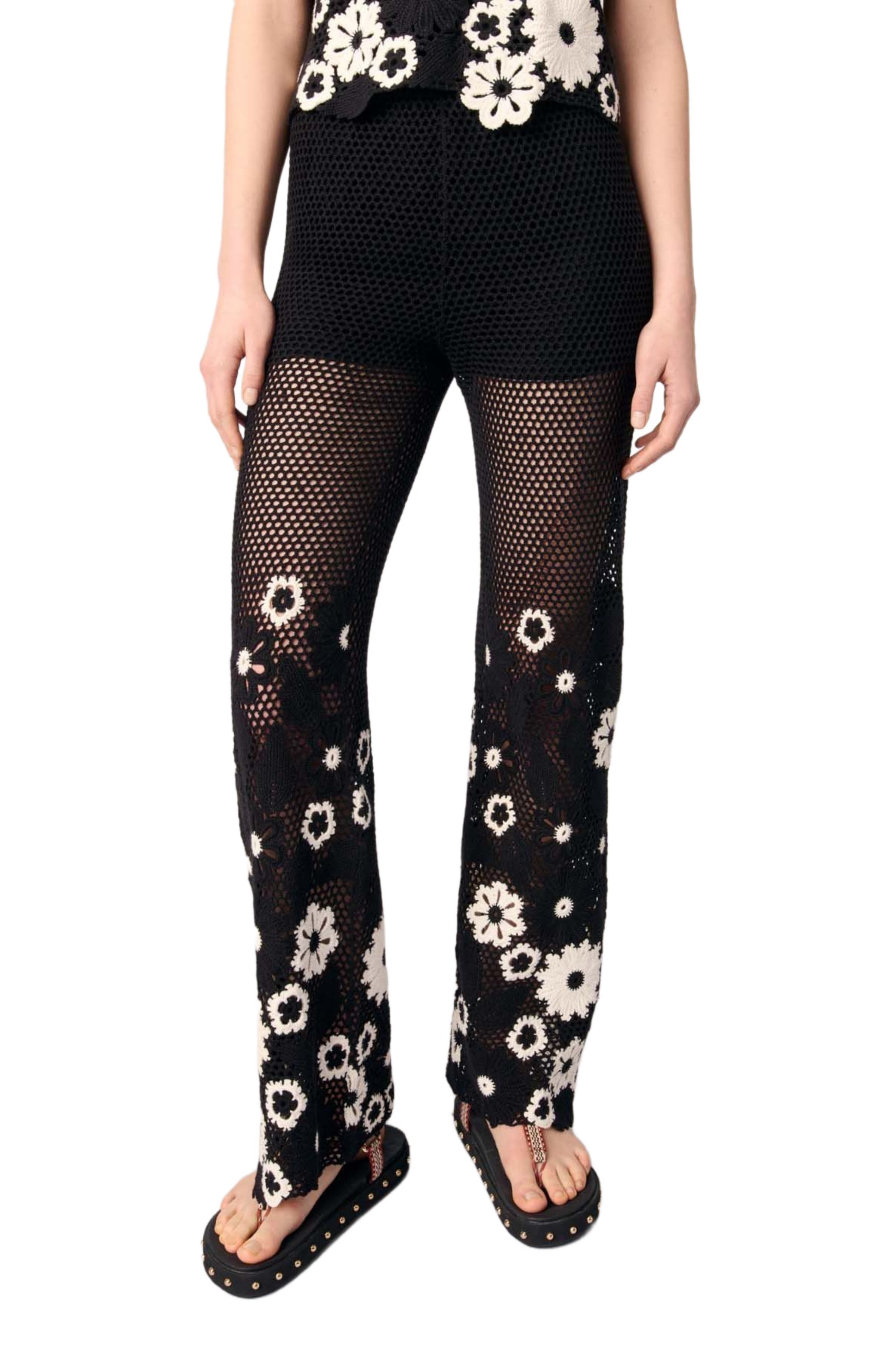 maje Floral crochet trousers in Black /White at Nordstrom - 4