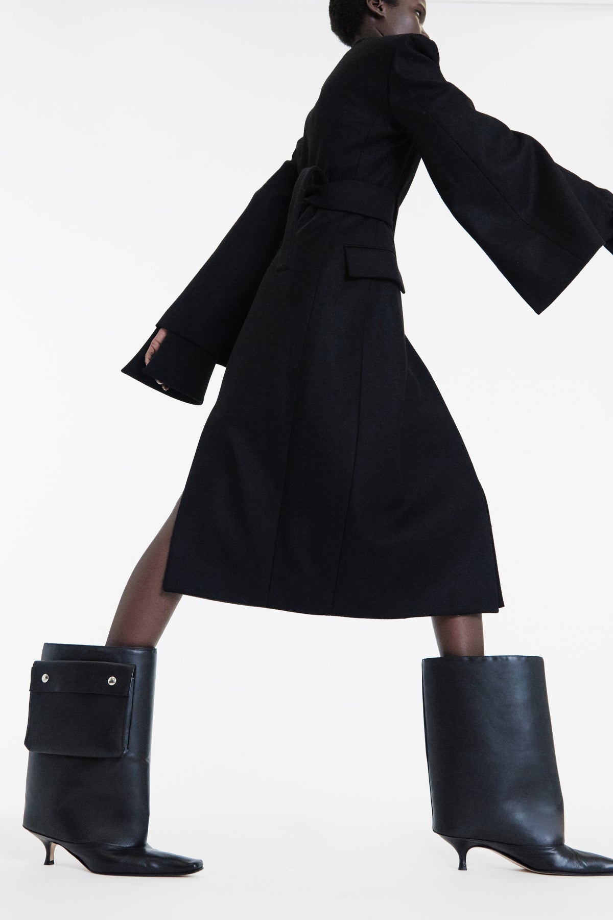 OPEN SLEEVE BELTED WRAP AROUND FITTED COAT BLACK - 7