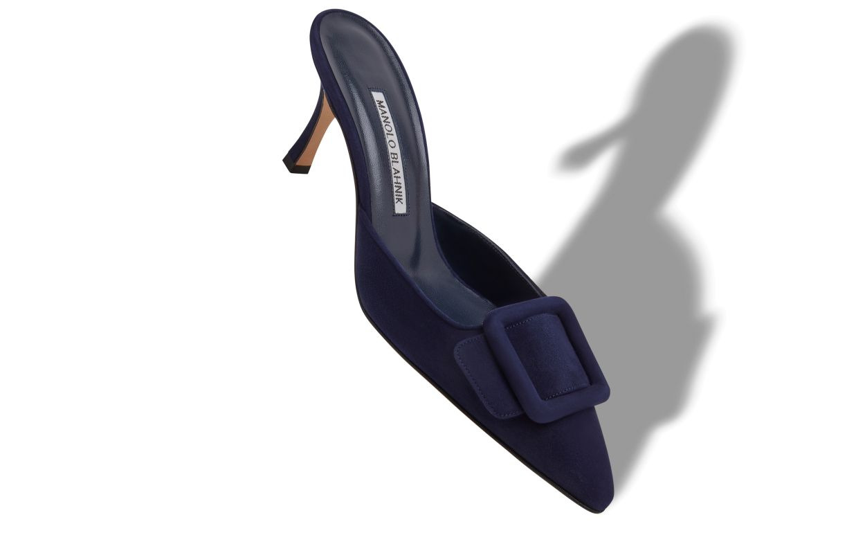 Navy Blue Suede Buckle Detail Mules - 2
