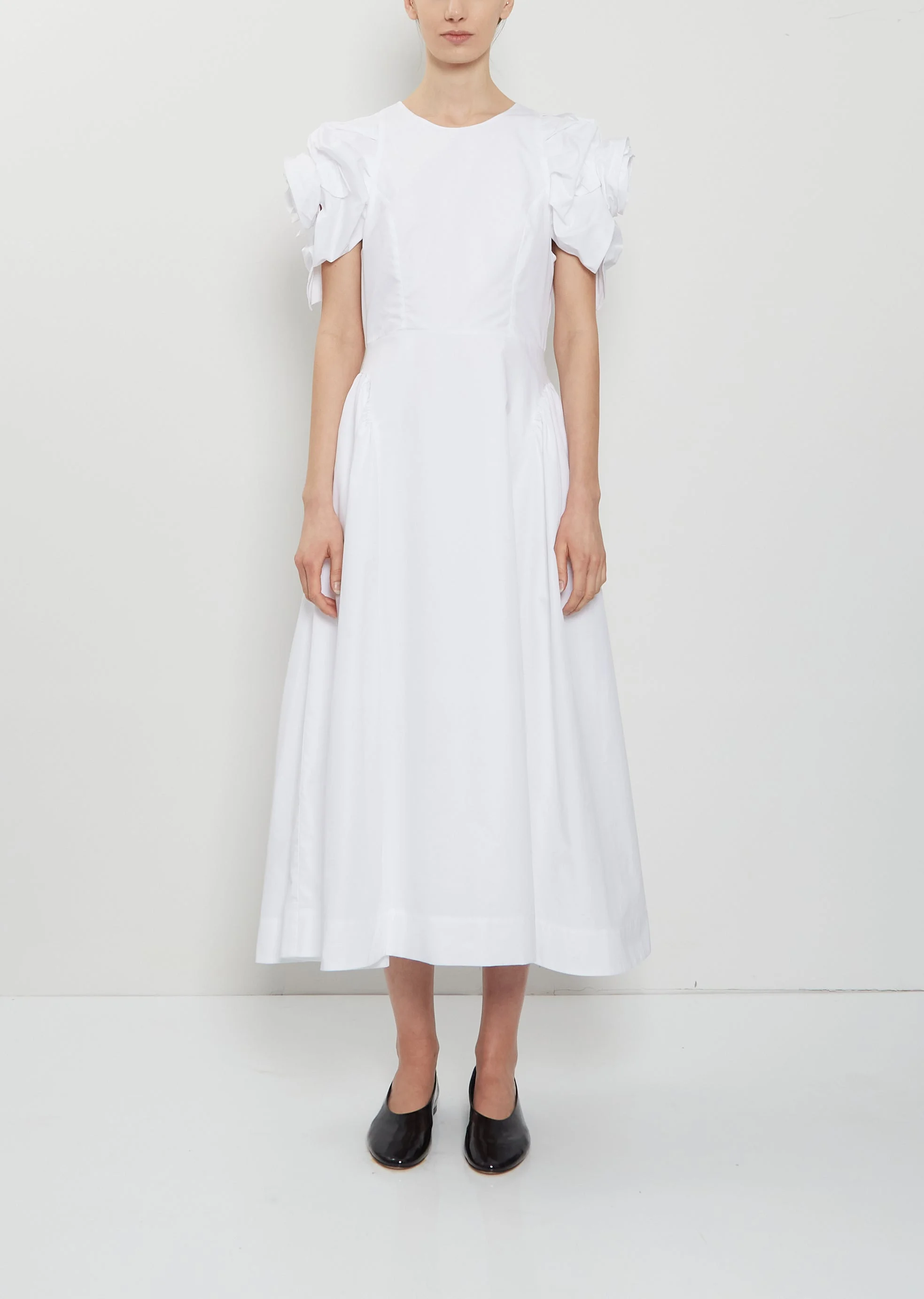 Rose Puff Sleeve Cotton Dress — White - 1