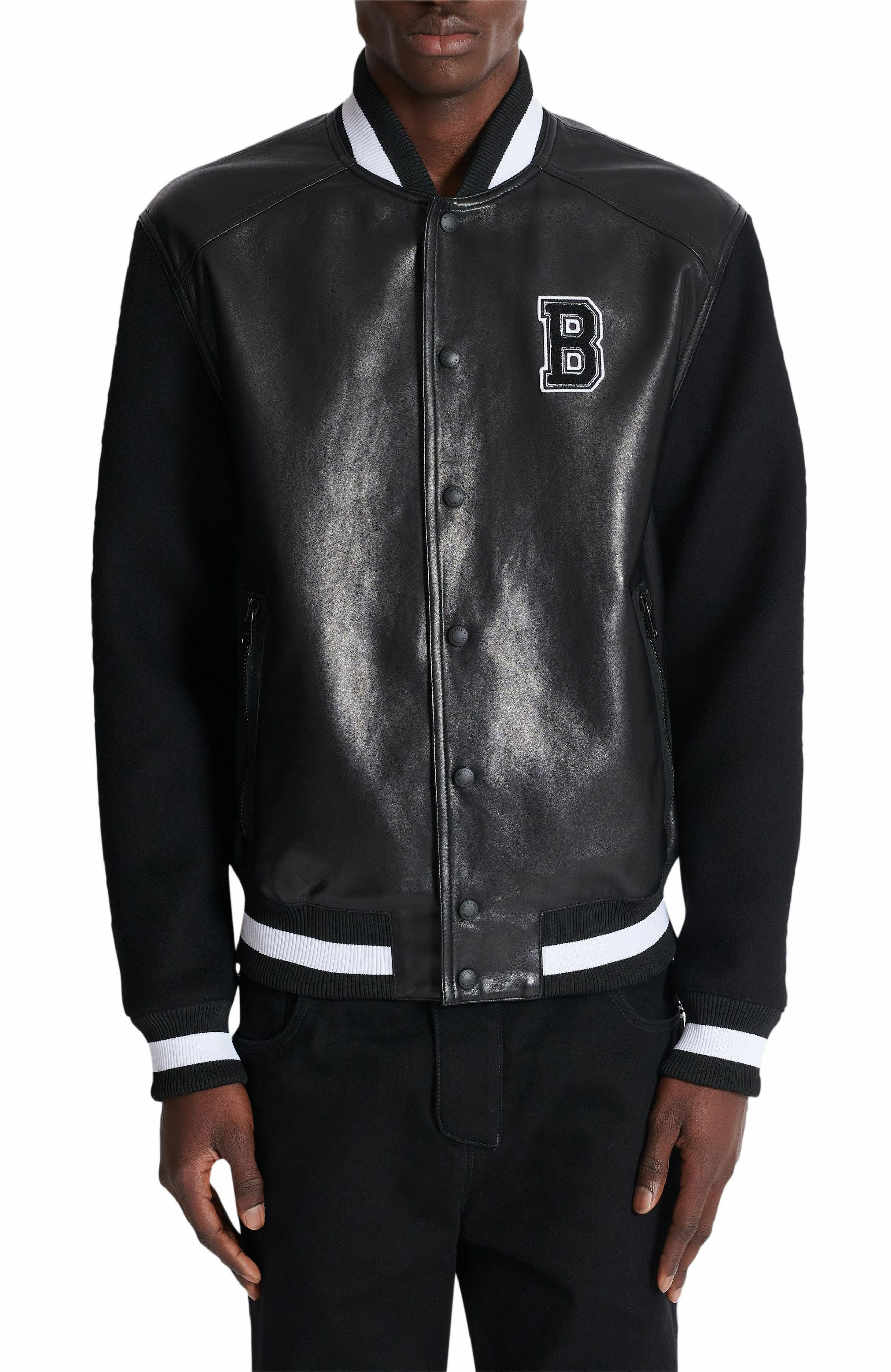 Balmain Varsity lambskin leather and wool jacket in Black at Nordstrom - 8