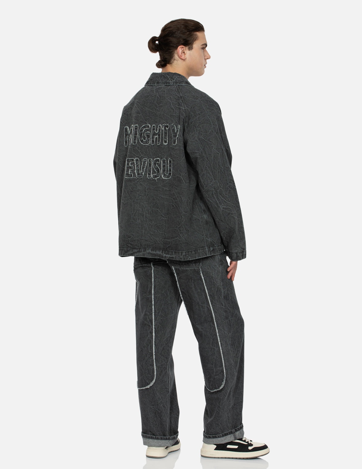 SEAGULL AND SLOGAN EMBROIDERY OVERSIZED  DENIM COACH JACKET - 4