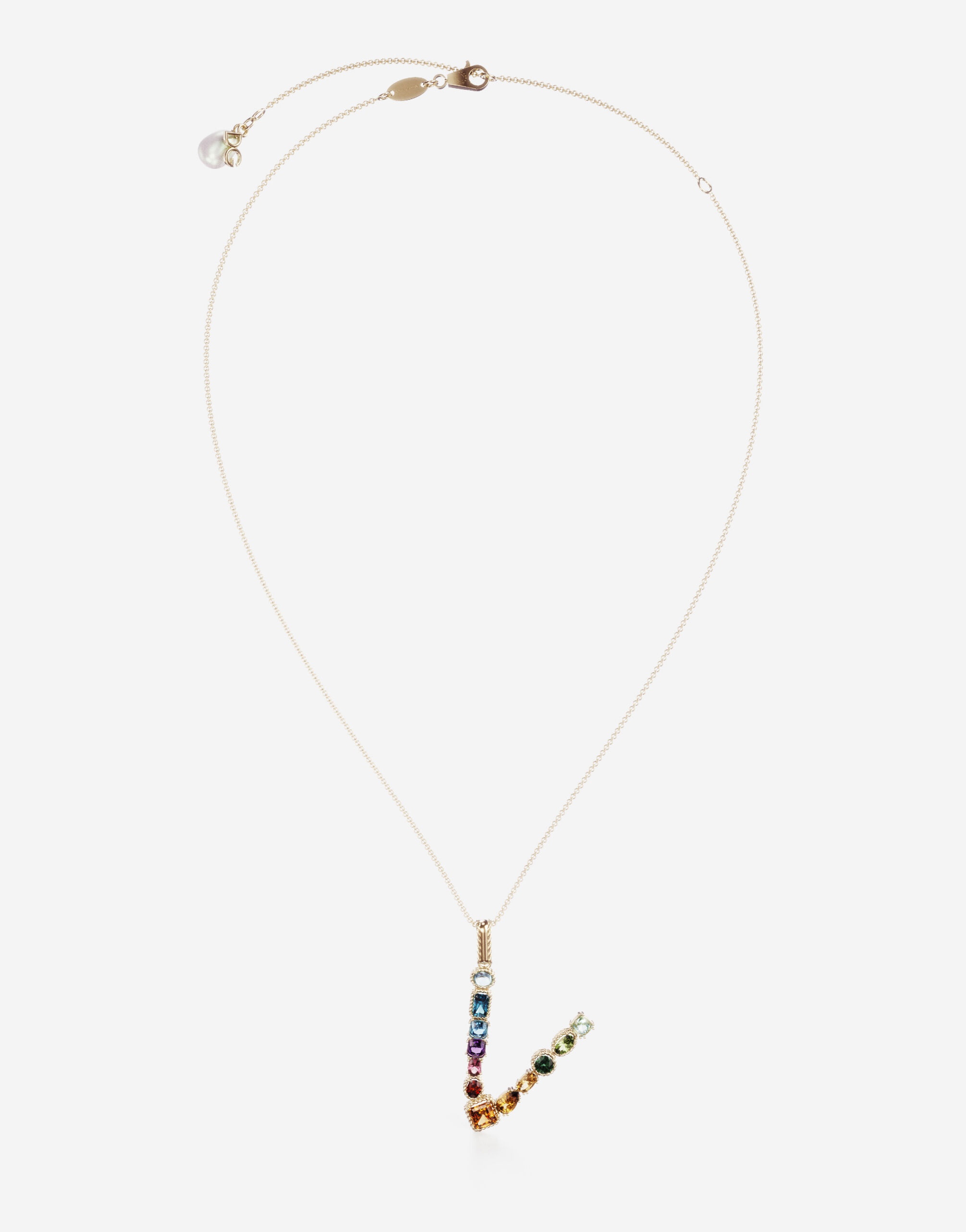 Rainbow alphabet V pendant in yellow gold with multicolor fine gems - 1