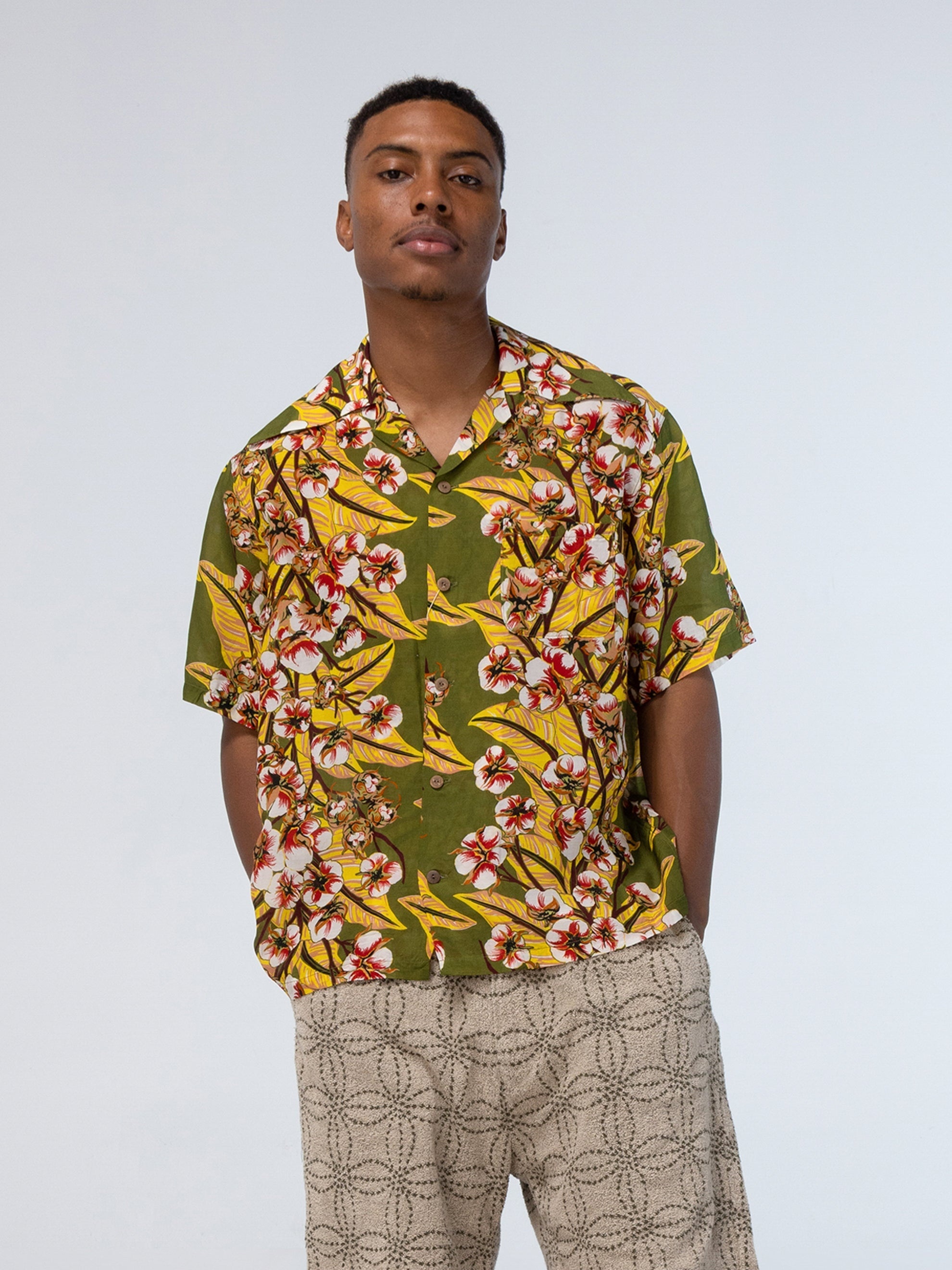 SILK RAYON COTTON-FLOWER WRANGLE COLLAR ALOHA - 2