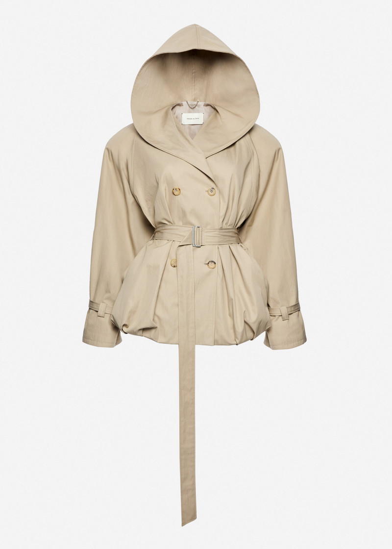 Hooded belted bubble jacket in beige 1